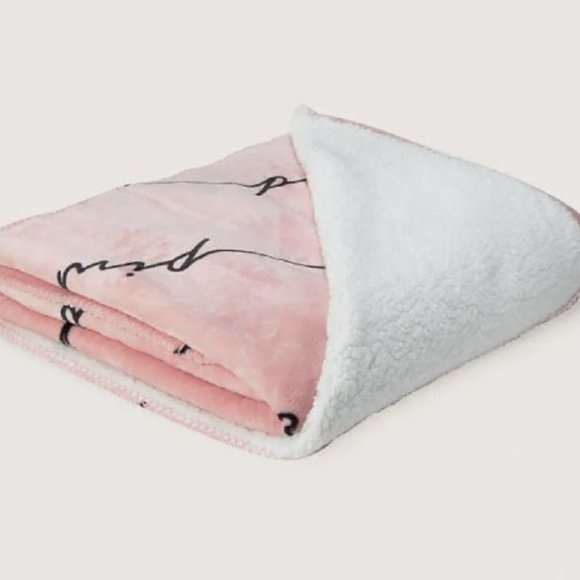 PINK Victoria's Secret Other - Victoria's Secret PINK Cozy Plush Blanket Pink White Linear Script 50x60 in NWOT